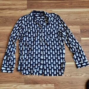 Talbots Sheer Pineapple Blouse Womens M Navy Button Down Long Sleeve Shirt‎